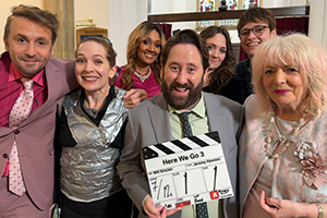 Here We Go. Image shows left to right: Robin (Tom Basden), Rachel (Katherine Parkinson), Cherry (Tori Allen-Martin), Paul (Jim Howick), Amy (Freya Parks), Sam (Jude Morgan-Collie), Sue (Alison Steadman)