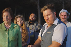 High & Dry. Image shows from L to R: Harriet (Deborah Findlay), Susan (Jessie Cave), Arnab (Asim Chaudhry), Brett (Marc Wootton), Douglas (Harry Peacock). Copyright: Baby Cow Productions