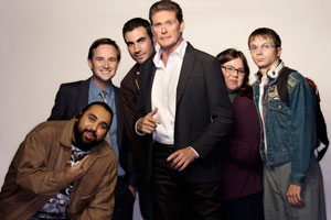 Hoff The Record. Image shows from L to R: Terry Patel (Asim Chaudhry), Max Coleman (Fergus Craig), Danny Jones (Brett Goldstein), Hoff (David Hasselhoff), Harriet Fitzgerald (Ella Smith), Dieter Hasselhoff (Mark Quartley). Copyright: Me & You Productions