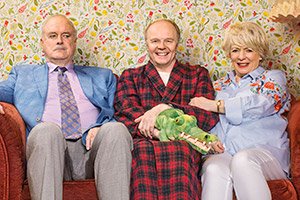 Hold The Sunset. Image shows from L to R: Phil (John Cleese), Roger (Jason Watkins), Edith (Alison Steadman). Copyright: BBC