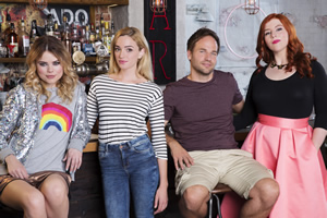 I Live With Models. Image shows from L to R: Molly (Kamilla Alnes), Scarlet (Brianne Howey), Tommy (David Hoffman), Jess (Lydia Rose Bewley). Copyright: Roughcut Television