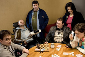 I'm With Stupid. Image shows from L to R: Paul (Paul Henshall), Graham (Alan Martin), Sheldon (Mark Benton), Syd (Kevin Davies), Jean (Ruth Jones), Dorothy (Cherylee Houston). Copyright: BBC