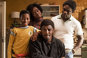 In The Long Run. Image shows from L to R: Kobna (Sammy Kamara), Agnes (Madeline Appiah), Walter (Idris Elba), Valentine (Jimmy Akingbola). Copyright: Sky