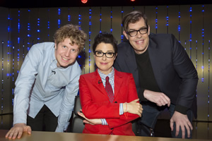 Insert Name Here. Image shows from L to R: Josh Widdicombe, Sue Perkins, Richard Osman