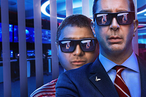 Intelligence. Image shows left to right: Joseph Harries (Nick Mohammed), Jerry Bernstein (David Schwimmer)