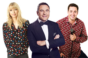 Image shows from L to R: Sara Cox, David Walliams, Jason Manford