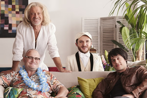 Island Of Dreams. Image shows from L to R: Sir Richard Branson (Harry Enfield), Gregg Wallace (Al Murray), Baboo (Leigh Gill), Brian Cox (Dustin Demri-Burns). Copyright: Genial Productions