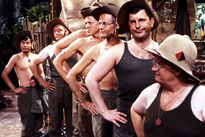 It Ain't Half Hot Mum. Image shows from L to R: Bombardier 'Gloria' Beaumont (Melvyn Hayes), Gunner 'Nosher' Evans (Mike Kinsey), Gunner 'Parky' Parkin (Christopher Mitchell), Gunner 'Atlas' MacKintosh (Stuart McGugan), Gunner 'Paderewski' Graham (John Clegg), Gunner 'Nobby' Clark (Kenneth MacDonald), Gunner 'Lofty' Sugden (Don Estelle). Copyright: BBC