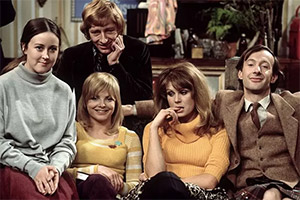 It's Awfully Bad For Your Eyes, Darling.... Image shows left to right: Pudding (Jane Carr), Clover Mason (Elizabeth Knight), Bobby Dutton (Jeremy Lloyd), Samantha (Joanna Lumley), Dominic (Jonathan Cecil). Credit: BBC