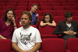 John Finnemore's Souvenir Programme. Image shows from L to R: Carrie Quinlan, John Finnemore, Simon Kane, Margaret Cabourn-Smith, Lawry Lewin. Copyright: BBC