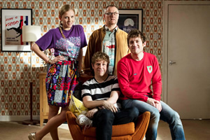 Josh. Image shows from L to R: Kate (Beattie Edmondson), Josh (Josh Widdicombe), Geoff (Jack Dee), Owen (Elis James). Copyright: BBC