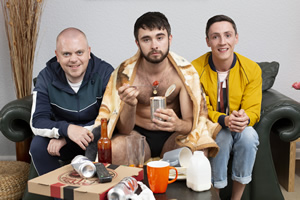 Joytown. Image shows from L to R: Basher (Mark Dallas), Chrissy (Rian Gordon), O'Connor (Joe Proctor). Copyright: The Comedy Unit