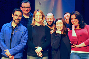 Kült. Image shows from L to R: Petr (Adam Buxton), Julian (Shane Langan), Anne (Philippa Dunne), Johnny (Niall Gaffney), Grace (Amy Stephenson), Karl (Rory Connolly), Siobhan (Yasmine Akram). Copyright: BBC