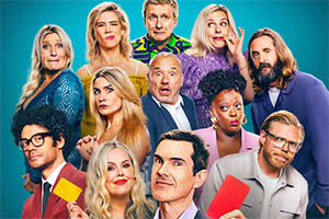 Last One Laughing Series 1 cast and logo. Image shows left to right: Richard Ayoade, Daisy May Cooper, Lou Sanders, Harriet Kemsley, Roisin Conaty, Joe Lycett, Bob Mortimer, Jimmy Carr, Sara Pascoe, Judi Love, Joe Wilkinson, Rob Beckett. Credit: Amazon Studios