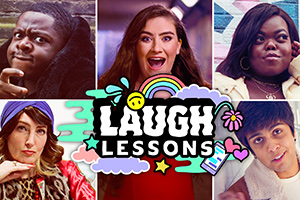 Laugh Lessons. Image shows from L to R: Ehiz Ufuah, Cassie Atkinson, Amber (Amber Doig-Thorne), Fats (Fats Timbo), Jamie (Jamie D'Souza)