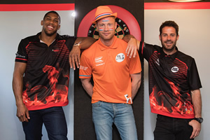 Anthony Joshua, Andrew Flintoff and Jamie Redknapp at the darts. Copyright: CPL Productions