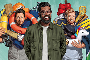 A League Of Their Own. Image shows from L to R: Jamie Redknapp, Romesh Ranganathan, Andrew Flintoff. Copyright: CPL Productions