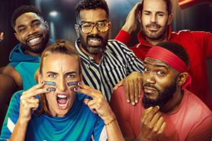 A League Of Their Own. Image shows left to right: Micah Richards, Jill Scott, Romesh Ranganathan, Jamie Redknapp, Mo Gilligan