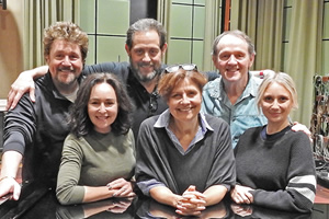 Lena Marsh, Live And Shticking!. Image shows from L to R: Michael Ball, Samantha Spiro, Jeremy Front, Lena Marsh (Rebecca Front), Kevin Whately, Jenny Bede. Copyright: BBC