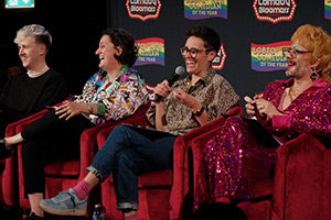 LGBTQ+ New Comedian Of The Year. Image shows left to right: Daniel Foxx, Zoe Lyons, Jen Brister, Jonny Woo