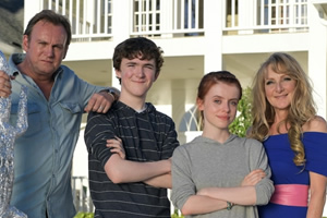 Living The Dream. Image shows from L to R: Mal Pemberton (Philip Glenister), Freddie Pemberton (Brenock O'Connor), Tina Pemberton (Rosie Day), Jen Pemberton (Lesley Sharp)