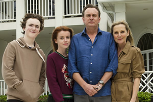 Living The Dream. Image shows from L to R: Freddie Pemberton (Brenock O'Connor), Tina Pemberton (Rosie Day), Mal Pemberton (Philip Glenister), Jen Pemberton (Lesley Sharp). Copyright: Big Talk Productions