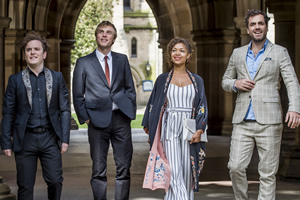 Lovesick. Image shows from L to R: Angus (Joshua McGuire), Dylan (Johnny Flynn), Evie (Antonia Thomas), Luke (Daniel Ings). Copyright: Clerkenwell Films