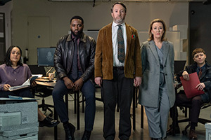 Ludwig. Image shows left to right: DS Alice Finch (Izuka Hoyle), DI Russell Carter (Dipo Ola), John 'Ludwig' Taylor (David Mitchell), DCS Carol Shaw (Dorothy Atkinson), DC Simon Evans (Gerran Howell)