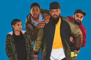 Man Like Mobeen. Image shows from L to R: Aks (Duaa Karim), Nate (Tolulope Ogunmefun), Mobeen (Guz Khan), Eight (Tez Ilyas). Copyright: Cave Bear Productions