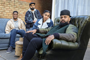 Man Like Mobeen. Image shows from L to R: Nate (Tolulope Ogunmefun), Eight (Tez Ilyas), Aks (Duaa Karim), Mobeen (Guz Khan)