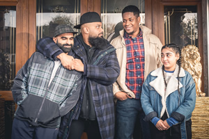 Man Like Mobeen. Image shows from L to R: Eight (Tez Ilyas), Mobeen (Guz Khan), Nate (Tolulope Ogunmefun), Aks (Duaa Karim)