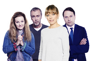 Marley's Ghosts. Image shows from L to R: Vicar (Jo Joyner), Adam Wise (John Hannah), Marley Wise (Sarah Alexander), Michael Walton (Nicholas Burns)