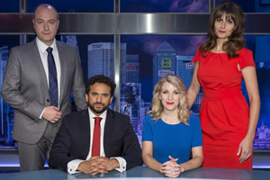 The Mash Report. Image shows from L to R: Newsreader Tom (Steve N Allen), Nish Kumar, Rachel / Emma (Rachel Parris), Newsreader Susan (Ellie Taylor). Copyright: Princess Productions