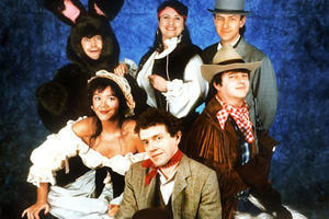 The Masterson Inheritance. Image shows from L to R: Phelim McDermott, Josie Lawrence, Jim Sweeney, Caroline Quentin, Lee Simpson, Paul Merton. Copyright: BBC