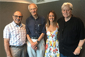 Michael Frayn's Magic Mobile. Image shows from L to R: David Suchet, Michael Frayn, Susannah Fielding, Martin Jarvis. Copyright: Jarvis and Ayres Productions