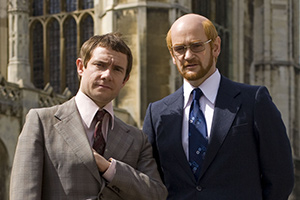 Micro Men. Image shows from L to R: Chris Curry (Martin Freeman), Sir Clive Sinclair (Alexander Armstrong). Copyright: DSP