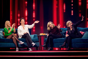 Miranda: My Such Fun Celebration. Image shows from L to R: Sarah Hadland, Miranda Hart, Sally Phillips, Patricia Hodge. Copyright: Monkey Kingdom