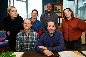Mitchell & Webb Are Not Helping. Image shows left to right: Stevie Martin, Robert Webb, Lara Ricote, Kiell Smith-Bynoe, David Mitchell, Krystal Evans