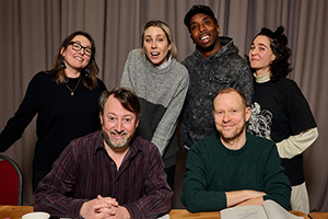 Mitchell & Webb. Image shows left to right: Krystal Evans, David Mitchell, Stevie Martin, Kiell Smith-Bynoe, Robert Webb, Lara Ricote. Credit: That Mitchell & Webb Company