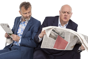 Mock The Week. Image shows from L to R: Hugh Dennis, Dara O Briain. Copyright: Angst Productions