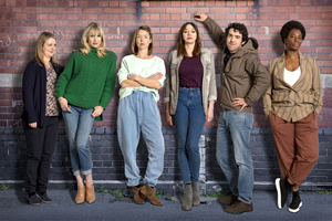 Motherland. Image shows from L to R: Anne (Philippa Dunne), Amanda (Lucy Punch), Julia (Anna Maxwell Martin), Liz (Diane Morgan), Kevin (Paul Ready), Meg (Tanya Moodie)