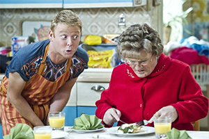 Mrs. Brown's Boys. Image shows from L to R: Dino Doyle (Gary Hollywood), Agnes Brown (Brendan O'Carroll)