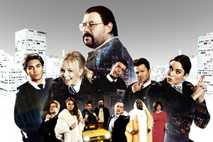 Murder In Successville. Image shows from L to R: George Shelley, Emma Bunton, DI Sleet (Tom Davis), Chris Kamara, Mark Wright, Kimberly Wyatt