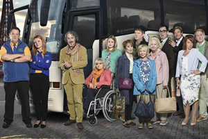 Murder On The Blackpool Express. Image shows from L to R: Terry (Johnny Vegas), Gemma (Sian Gibson), David Van Der Clane (Griff Rhys Jones), Moira (Nina Wadia), Laura (Kimberley Nixon), Peggy (Una Stubbs), Graham (Mark Heap), Mildred (Sheila Reid), Marge (Susie Blake), Kevin (Kevin Eldon), Doc (Nigel Havers), Grace (Katy Cavanagh), George (Matthew Cottle)