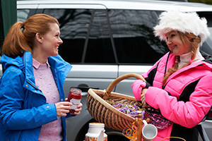 Murder, They Hope. Image shows from L to R: Gemma (Sian Gibson), Monica (Sarah Hadland). Copyright: Shiny Button Productions