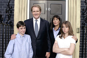 My Dad's The Prime Minister. Image shows from L to R: Dillon Phillips (Joe Prospero), Prime Minister Michael Phillips (Robert Bathurst), Clare Phillips (Carla Mendonca), Sarah Phillips (Emma Sackville)