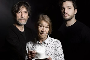 Neil Gaiman's Chivalry. Image shows from L to R: Neil Gaiman, Mrs Whitaker (Glenda Jackson), Sir Galaad (Kit Harington). Copyright: BBC