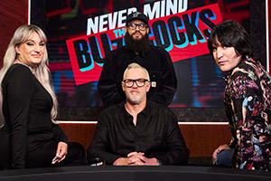 Never Mind The Buzzcocks. Image shows left to right: Daisy May Cooper, Jamali Maddix, Greg Davies, Noel Fielding