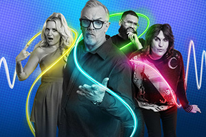 Never Mind The Buzzcocks. Image shows left to right: Daisy May Cooper, Greg Davies, Jamali Maddix, Noel Fielding