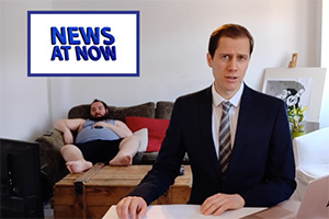 News At Now. Image shows from L to R: Josh Harvey, Richard Pudding (Adam Elliott)